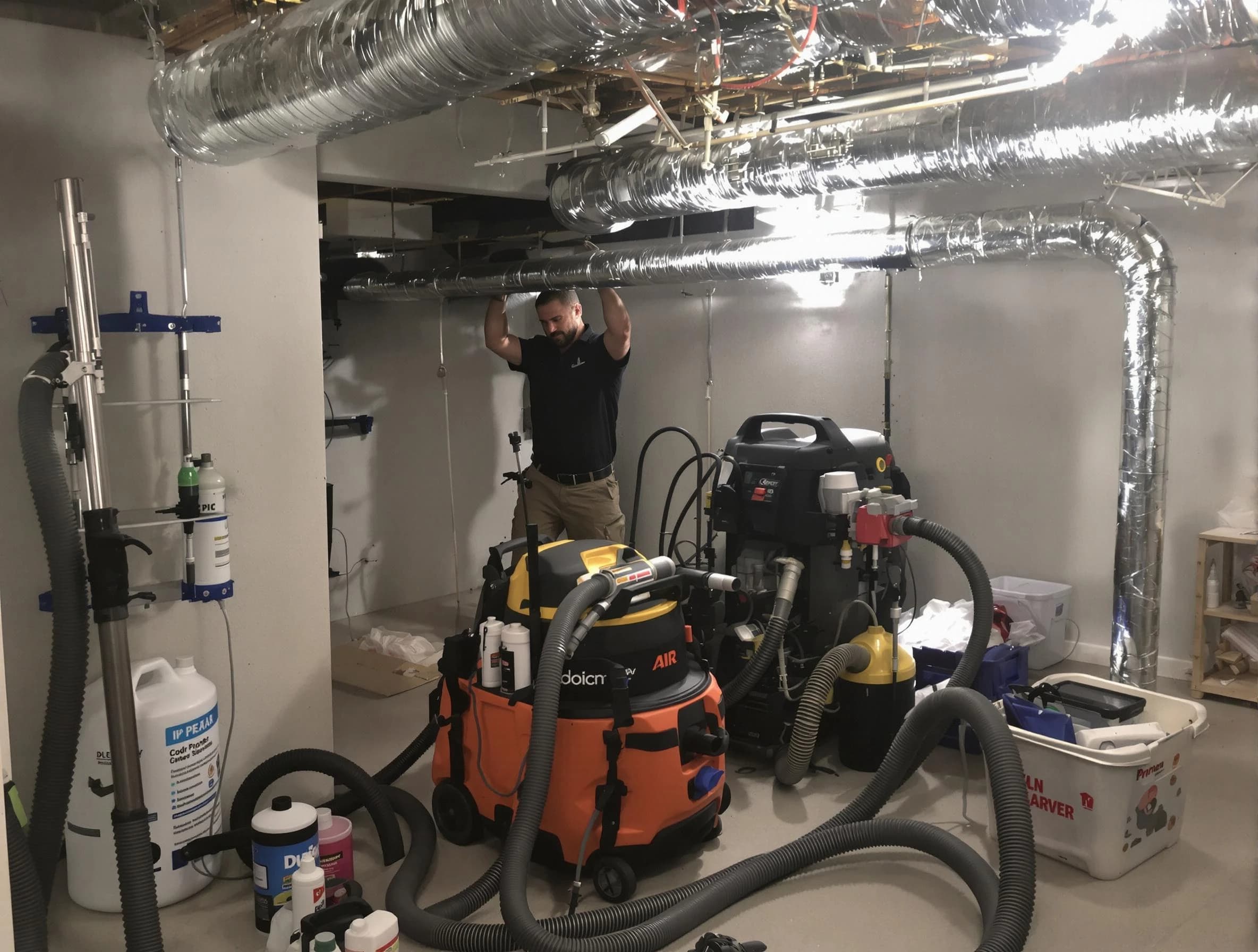Bellevue Air Duct Cleaning specialist performing professional mold removal from air ducts using safety equipment in Bellevue