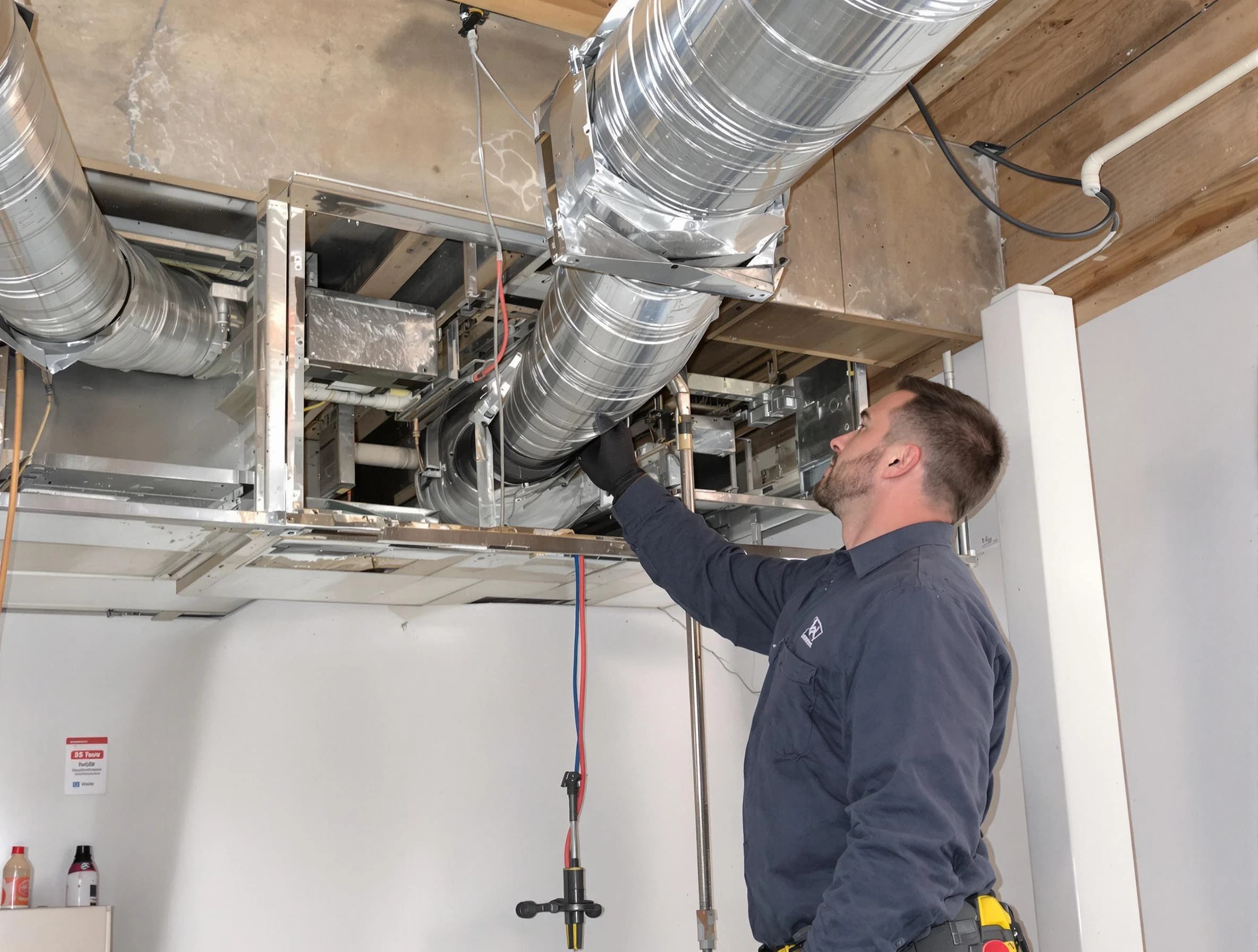 Bellevue Air Duct Cleaning technician performing professional air duct repair using specialized tools in Bellevue