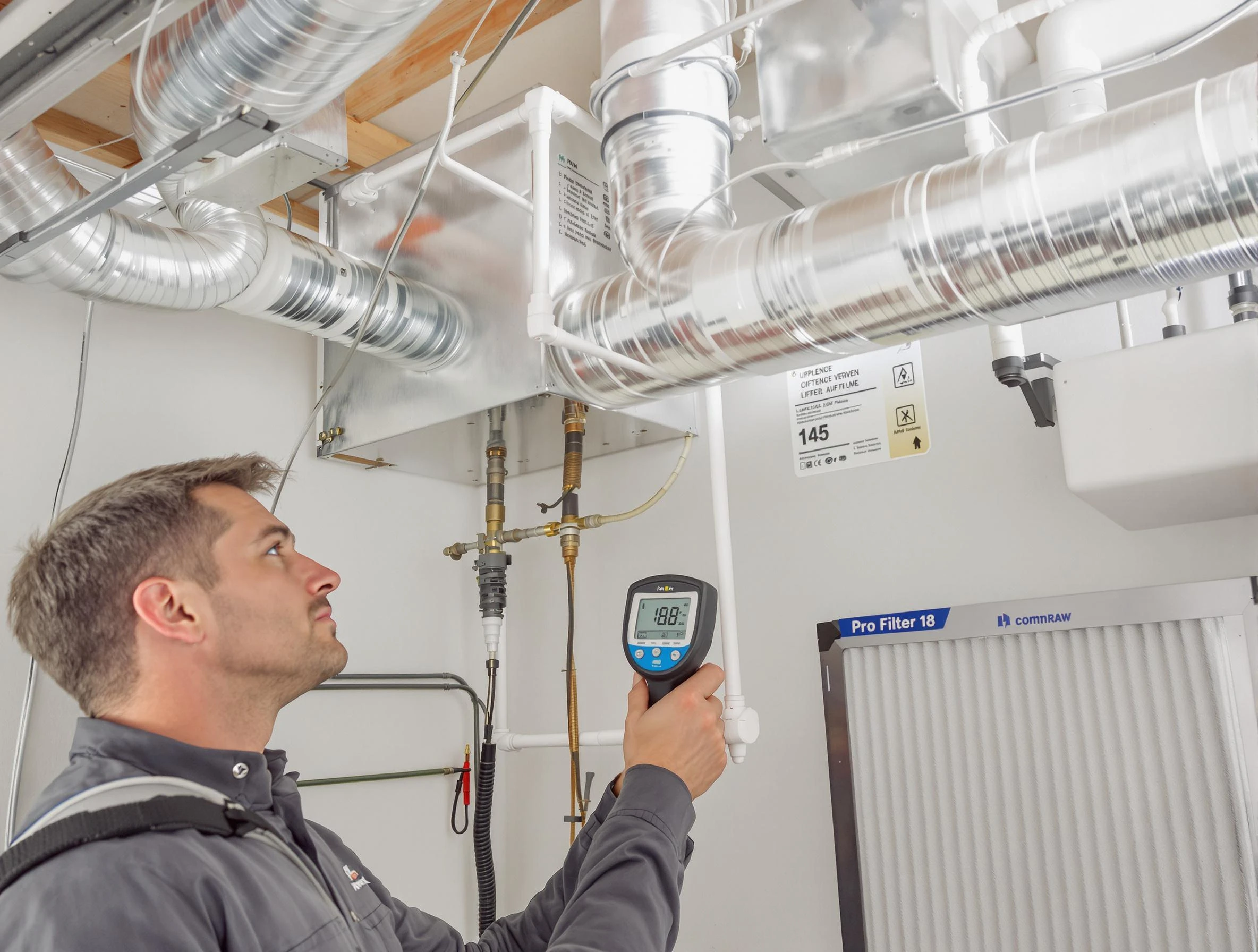 Bellevue Air Duct Cleaning expert conducting detailed filter system inspection using diagnostic tools in Bellevue